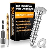 Xpokcai 20 Sets 5/16" x 1-1/2" Hex Head Lag Screws for Wood, Hex Head Lag Bolts,304 Stainless Ste...