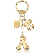 ANHBKAR Gold Bubble Letter Keychain with Heart and Bow, Round Clasp Initial Bag Charm, Personaliz...