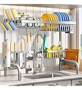 Over The Sink Dish Drying Rack, Stainless Steel Adjustable (25.5 to 33.5 inch) 2 Tier Dish Drying...