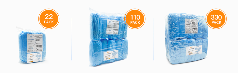 PedaShield Premium Disposable Shoe Covers are available in three package options. 22, 110, 330 packs