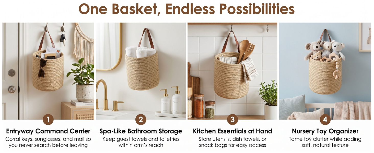 Four lifestyle scenes showing woven wall baskets used in entryway, bathroom, kitchen, and nursery