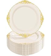 Nervure 100PCS Ivory Plastic Plates - 10.25inch Ivory and Gold Disposable Plates - Heavyweight Di...