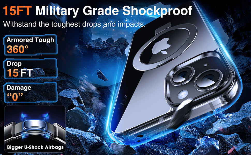 Advertisement for shockproof phone case. Features 15ft drop protection, 360° armor, and U-shock airbags. Dark background with blue glow around product.