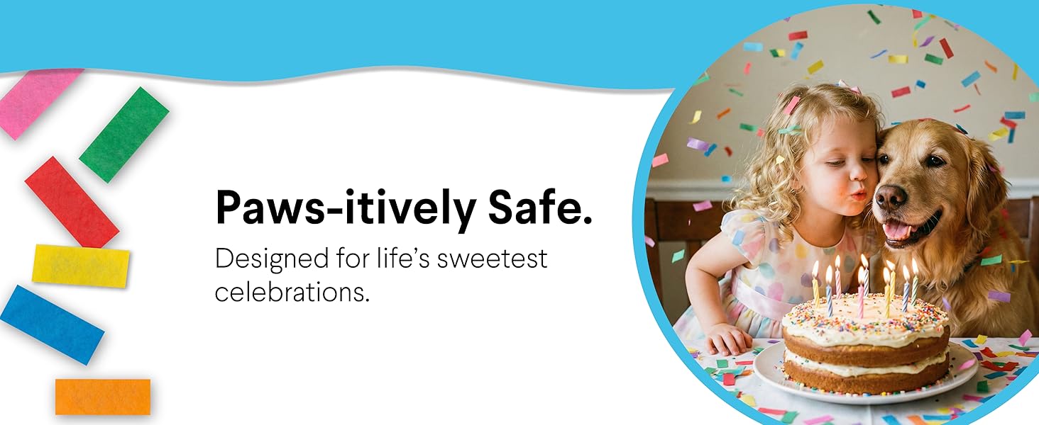 Pet safe option, Little girl kissing golden retriever at birthday celebration with confetti and cake