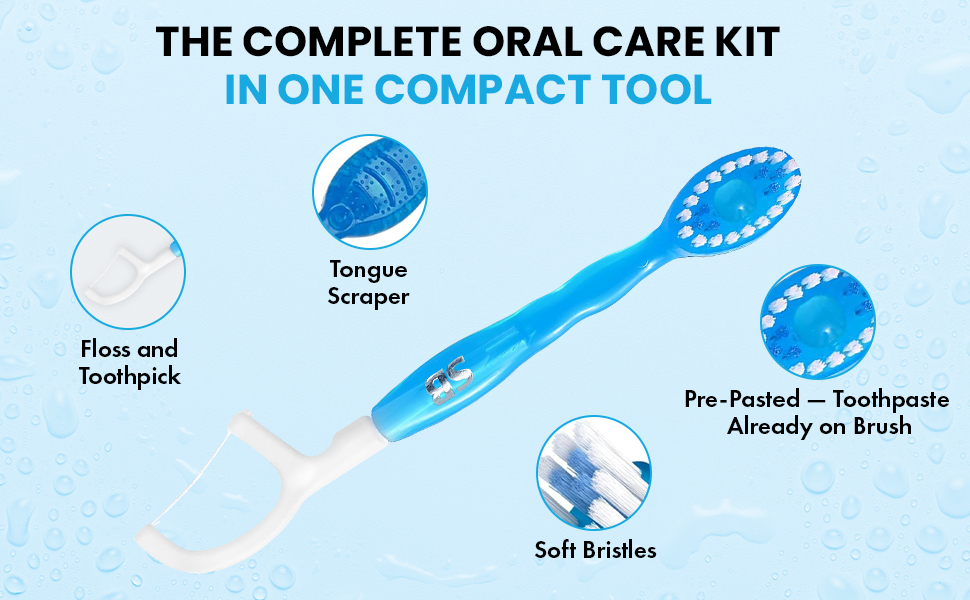 SwiftBrush 5-in-1 toothbrush with floss, pick, tongue scraper, and pre-pasted bristles