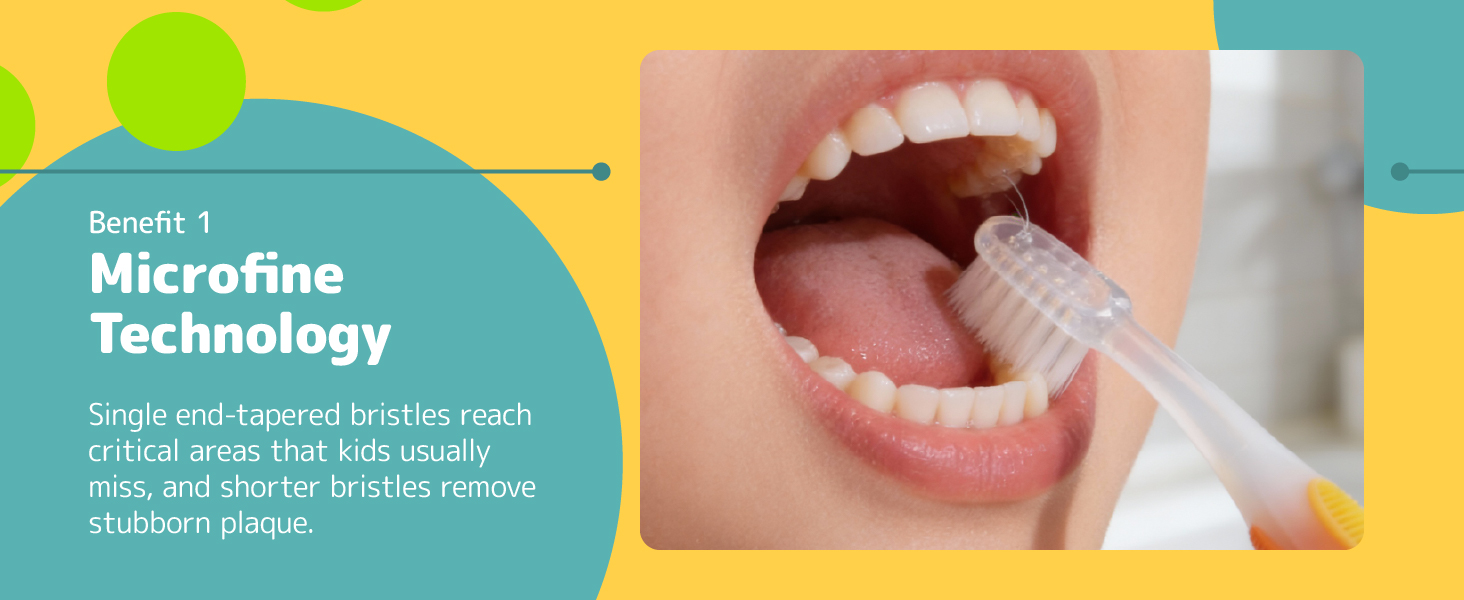 brushing teeth with single end tapered bristles removing plaque and build up reaching critical areas