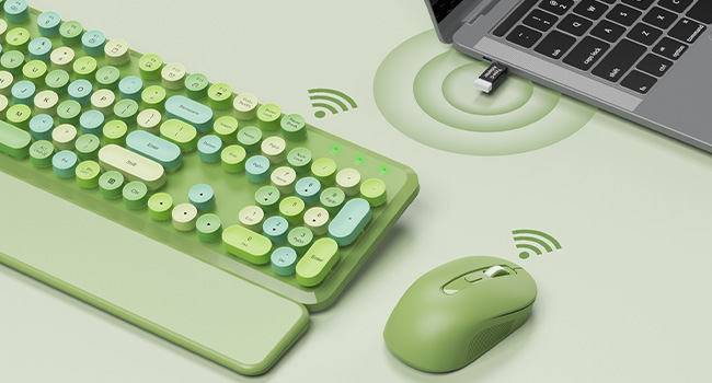 Green wireless retro keyboard and mouse with USB receiver and 2.4GHz connection.