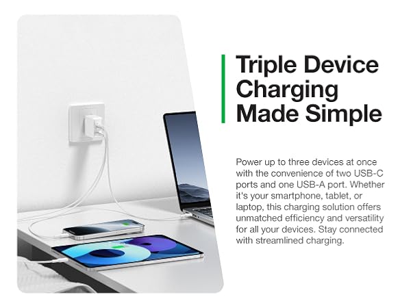 66W Fast Charging Wall Charger with 2 USB C 1 USB A Ports