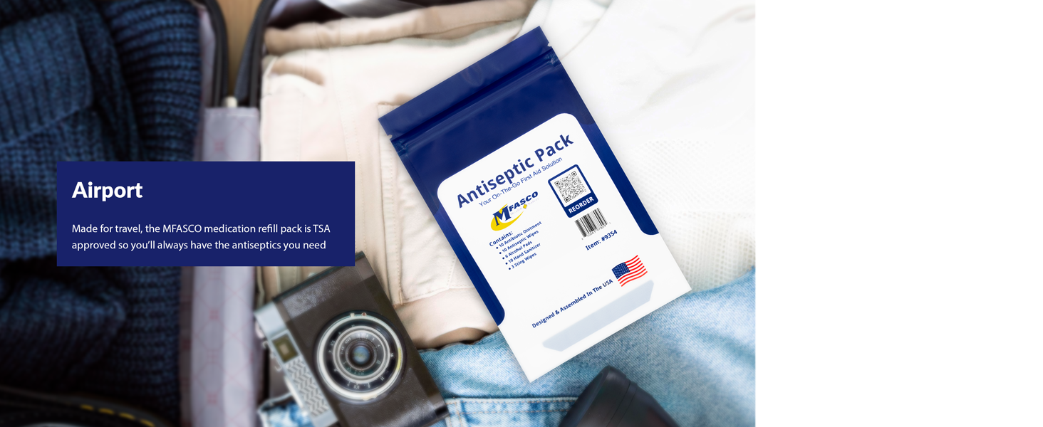 airport made for travel TSA approved luggage suitcase packed antiseptics unit dose