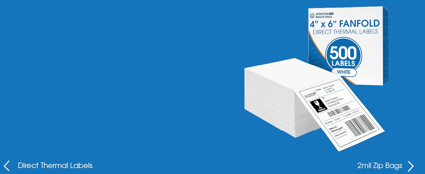 A stack of fanfold direct thermal labels in front of its packaging on a blue background.