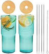 ANOTION Colored Glass Cups with Lids and Straws - 24oz Travel Coffee Mug Wide Mouth Mason Jar Ice...