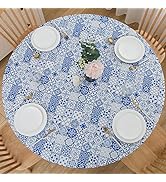 LIBERECOO Round Vinyl Fitted Tablecloth with Flannel Backing Elastic Edge Plastic Table Cover Wat...