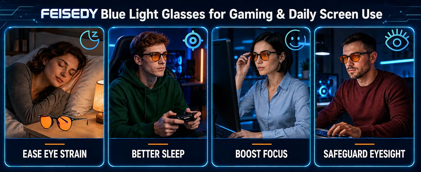 FEISEDY Blue Light Glasses for Gaming Daily Screen Use