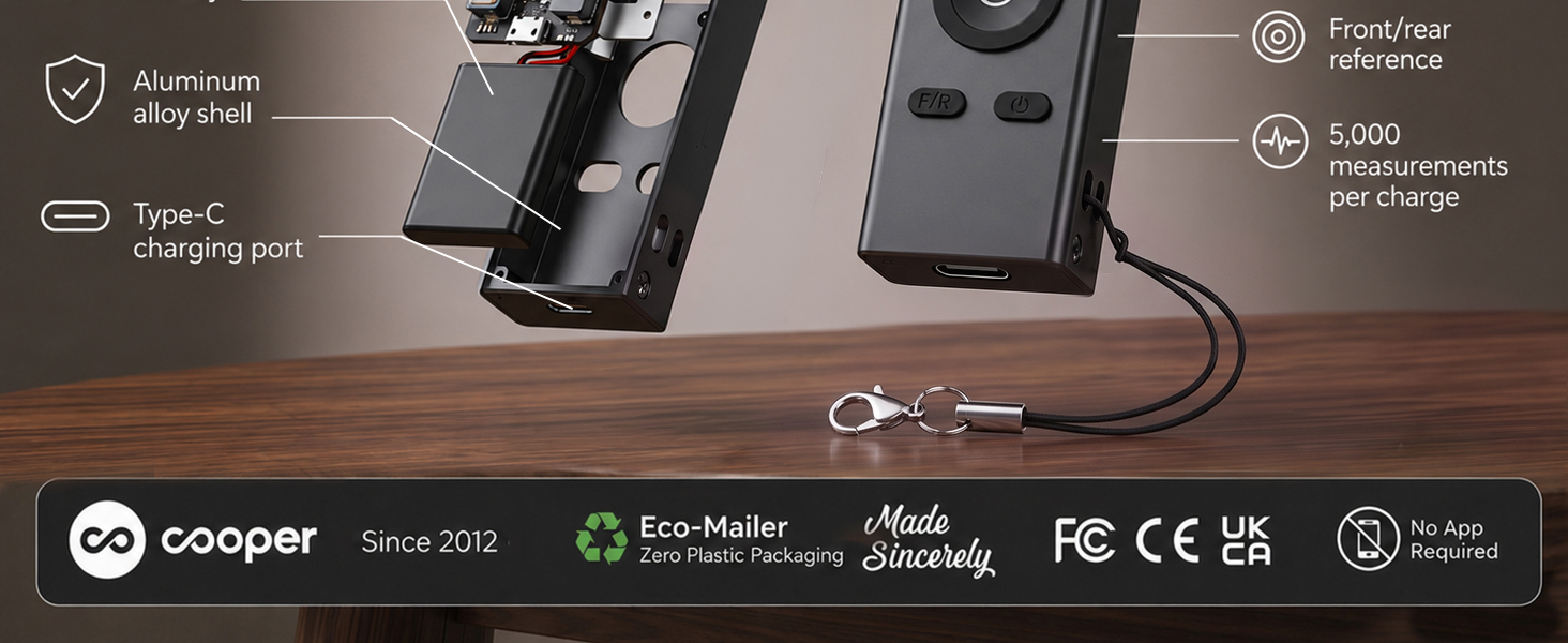 Laser distance measure internals: aluminum shell, USB-C port, lanyard, 5,000 measurements