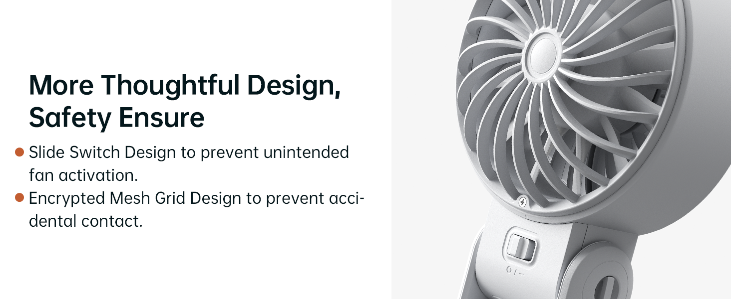 Close-up of handheld device with fan blades. Text describes 'More Thoughtful Design, Safety Ensure' with slide switch and encrypted mesh grid features.