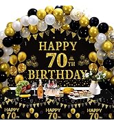 Trgowaul 70th Birthday Decorations Men Women - Black Gold Happy 70 Birthday Backdrop Banner, 2 Pc...