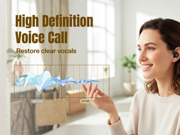 Woman wearing open ear earbuds during a clear HD voice call at home