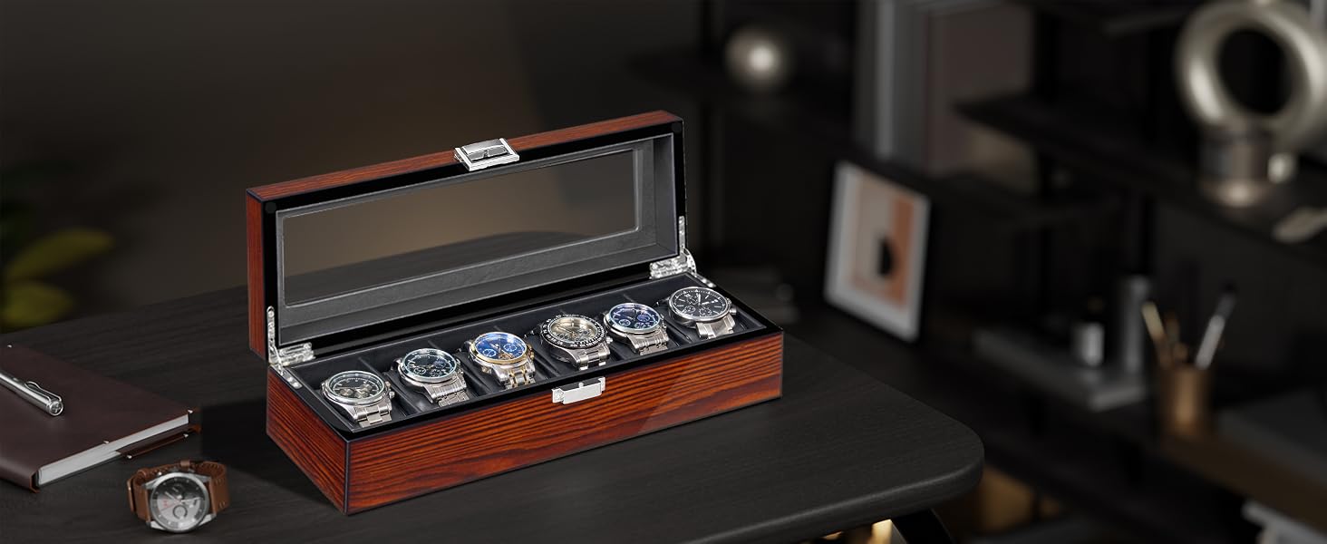BEWISHOME Watch Box, 6 Slot Mens Watch Case, Watch Storage Organizer for Men, Watch