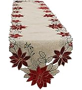 OWENIE Christmas Table Runner, Christmas Runner for Table with Embroidered Red Poinsettia, Christ...