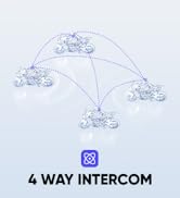 Diagram showing four blue motorcycle icons connected by dotted lines, illustrating a 4-way intercom system for communication between riders.