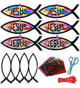 Lanxitown 24 Sets DIY Christian Jesus Fish Craft Kit Christian Crafts for Kids Window Art Kit Sta...