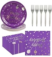 75PCS Happy Birthday Paper Plates and Napkins Set- Purple Disposable 7IN Party Dessert Plates 6.5...