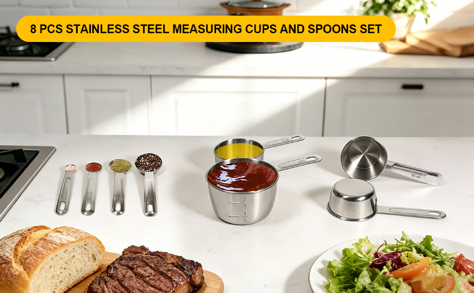 Complete 8-Piece Stainless Steel Measuring Set for Precision Baking for Home Kitchen and Restaurant