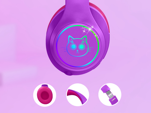 Purple circular device featuring illuminated blue cat icon design, shown from multiple angles on pink background.