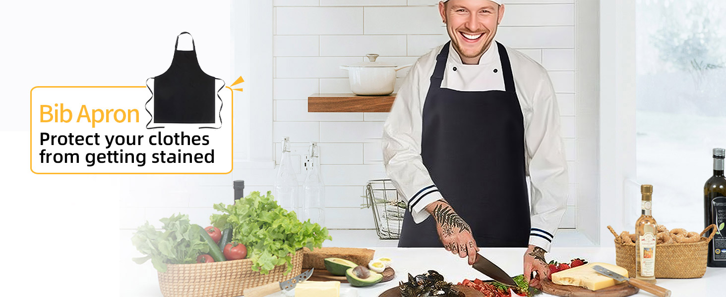 Bib Apron - Unisex Black Apron with 2 Roomy Pockets, Aprons for Kitchen Crafting BBQ Drawing