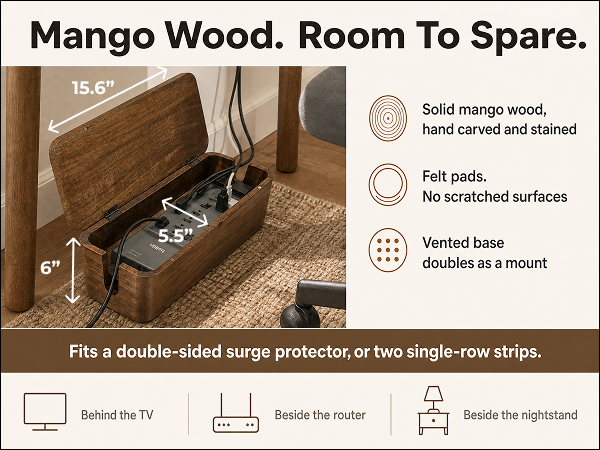 Open mango wood cable box shown with measured dimensions, roughly 15.6 by 5.5 by 6 inches