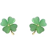 Green Cat Eye's Clover Flower Earrings for Women Girls 925 Sterling Silver Post Pin Hypoallergeni...