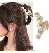 Large Pearl Hair Claw Clips For Women, 1Pcs Strong Hold Hair Jaw Clips Nonslip Champagne Pearl Ba...