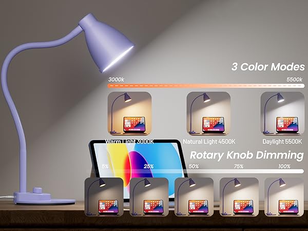 LED Desk Lamp with USB Charging Port Dimmable Reading Lamp Task Table Light Office Dorm Bedside