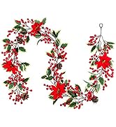 Mocoosy 6.3FT Red Berry Garland with Poinsettia, Artificial Christmas Holly Berry Vine, Winter Be...