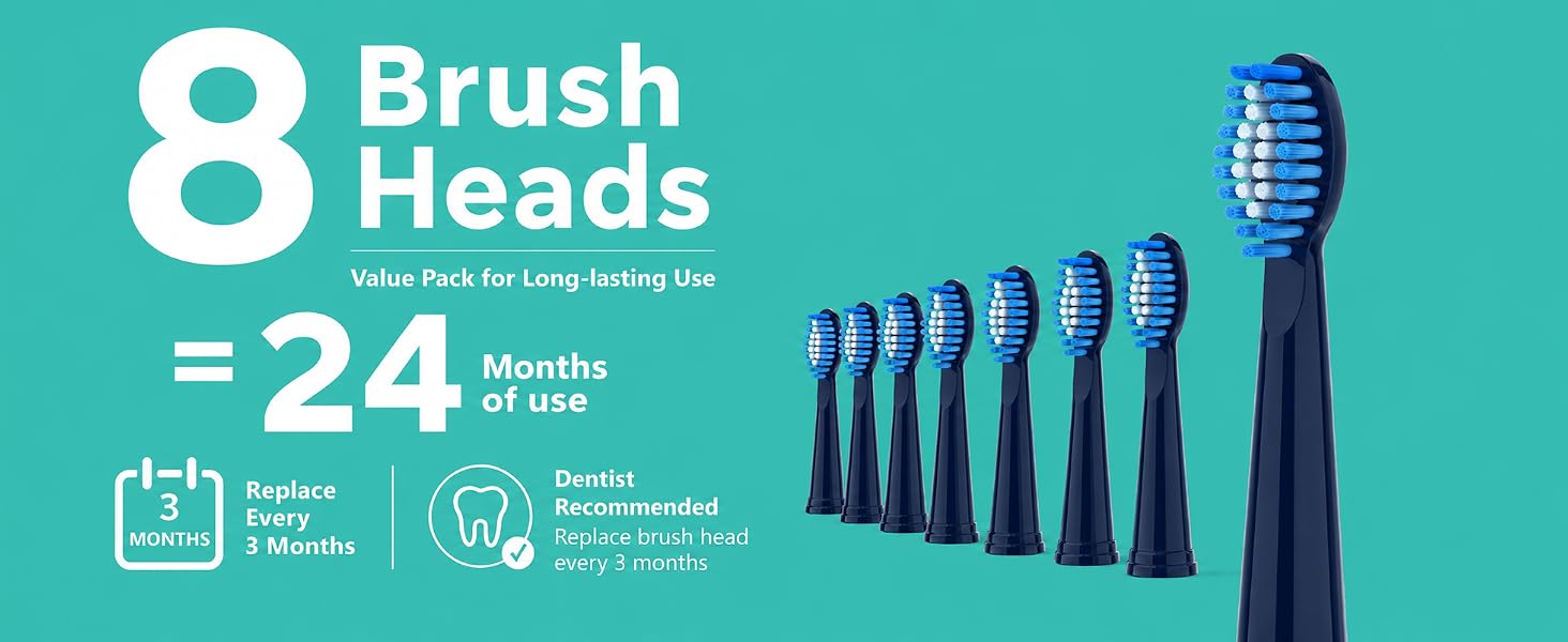 Text reads '8 Brush Heads=24 Months of use' with icon. Teal background displaying toothbrush heads in graduated sizes and one assembled blue electric toothbrush.