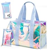 Bagstellar Iridescent Beach Bag, Jelly Tote Bag with Phone Pouch Makeup Bag | Large Beach Bags Wa...