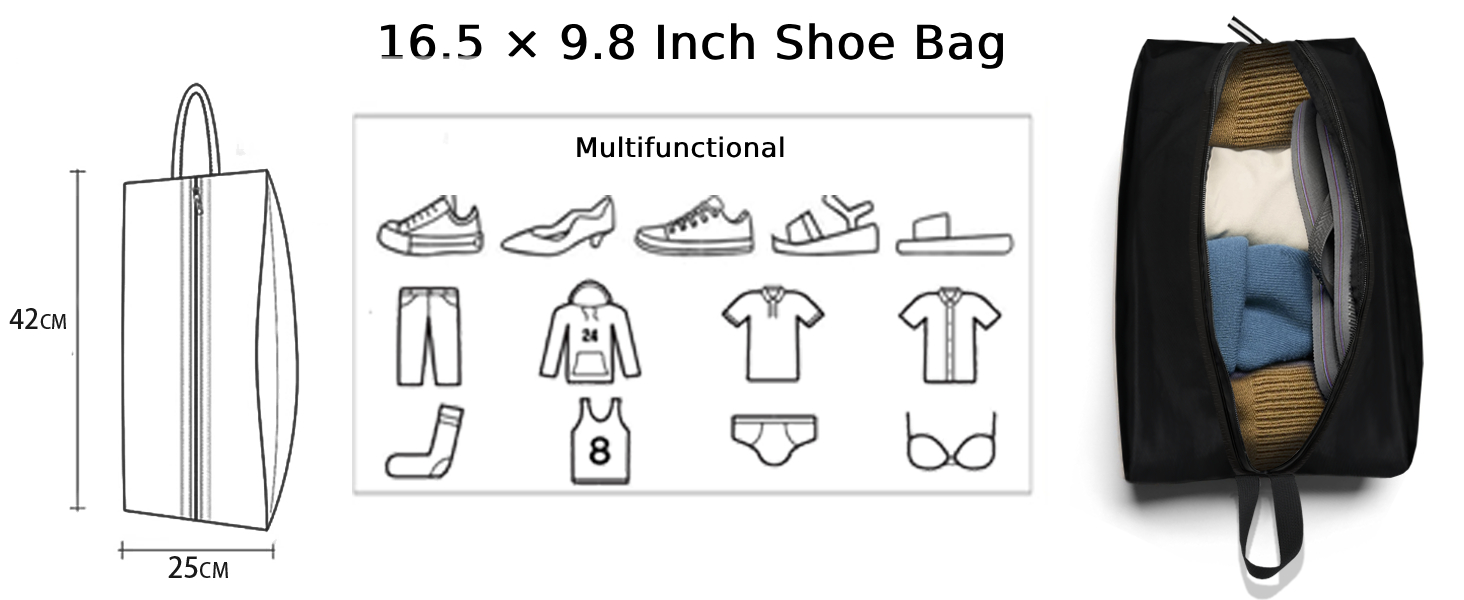 Multifunctional storage bag measuring 16.5 x 9.8 inches, shown with diagram illustrating various clothing and shoe storage capabilities and dimensions.