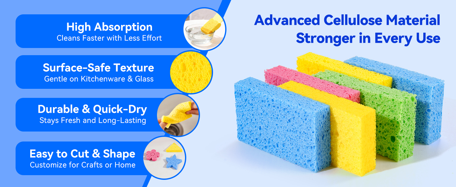 Cellulose sponges in different colors, showing porous texture for absorption and daily cleaning use