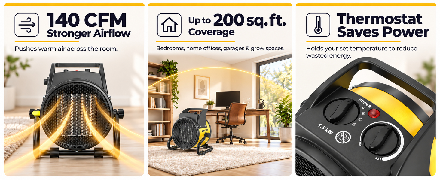 140 CFM Stronger Airflow , Up to 200 sq.ft.Coverage , ThermostatSaves Power