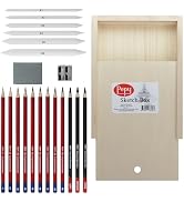 Pepy Sketching and Drawing Set in Wood Carrying Box: 3 Charcoal Pencils, 8 Graphite Pencils, Shar...