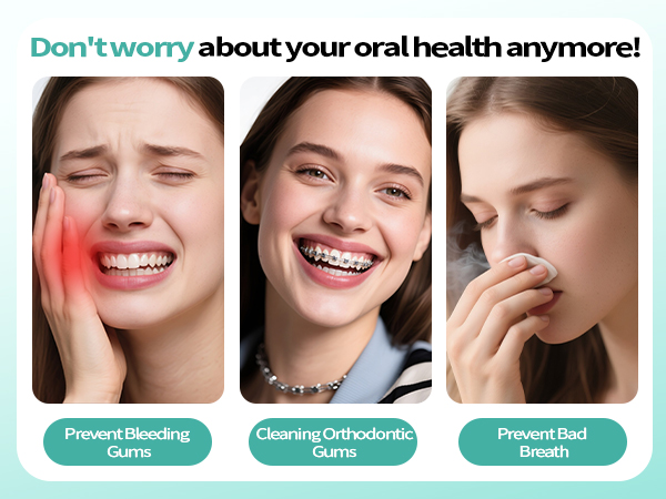 Dental health advertisement showing three panels: a person with jaw pain, someone with braces smiling, and another covering their mouth. Text promotes oral health solutions.
