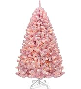 YITAHOME Prelit Pink Flocked Christmas Tree 6ft w/ 250 Warm White Lights | Flocked Pine Hinged Ch...