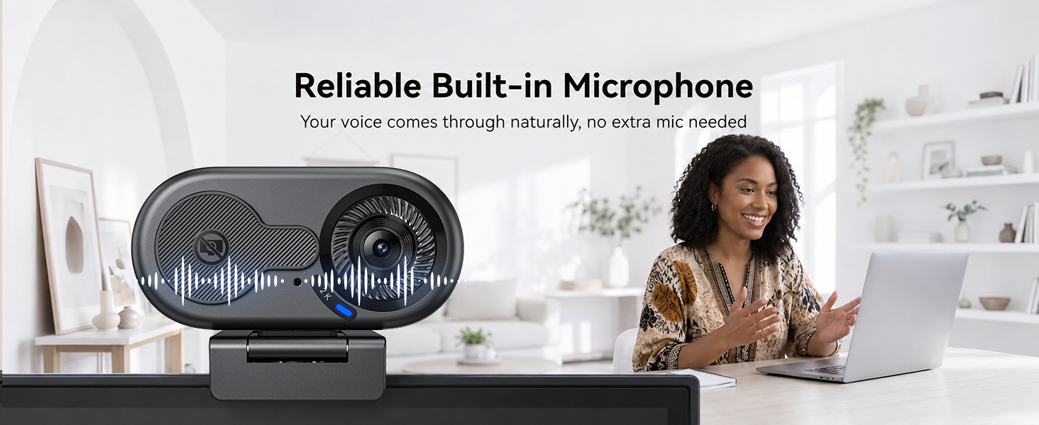 2K Webcam for PC with built-in mic captures clearer voice than laptop audio without extra gear