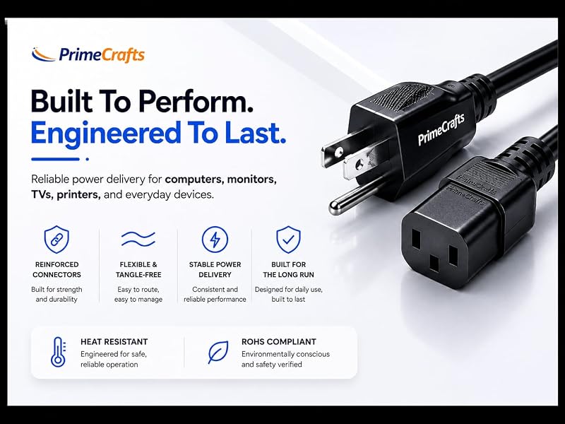 PrimeCrafts universal AC power cable :reinforced connectors for computers, monitors, TVs & printers