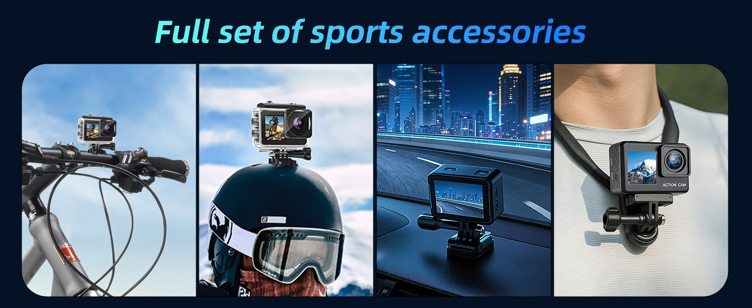 Text reads 'Full set of sports accessories'. Collection of action camera mounts and accessories shown in use across various outdoor activities.