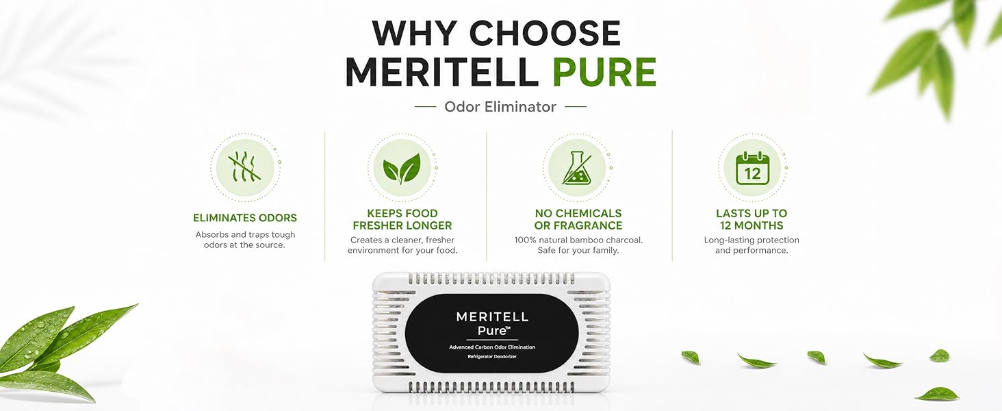 Meritell Pure benefits infographic with freshness and long-lasting protection