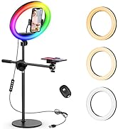 Selfie Ring Light with Stand and 2 Phone Holder, Overhead Camera Mount for iPhone. 10.5" RGB Ring...