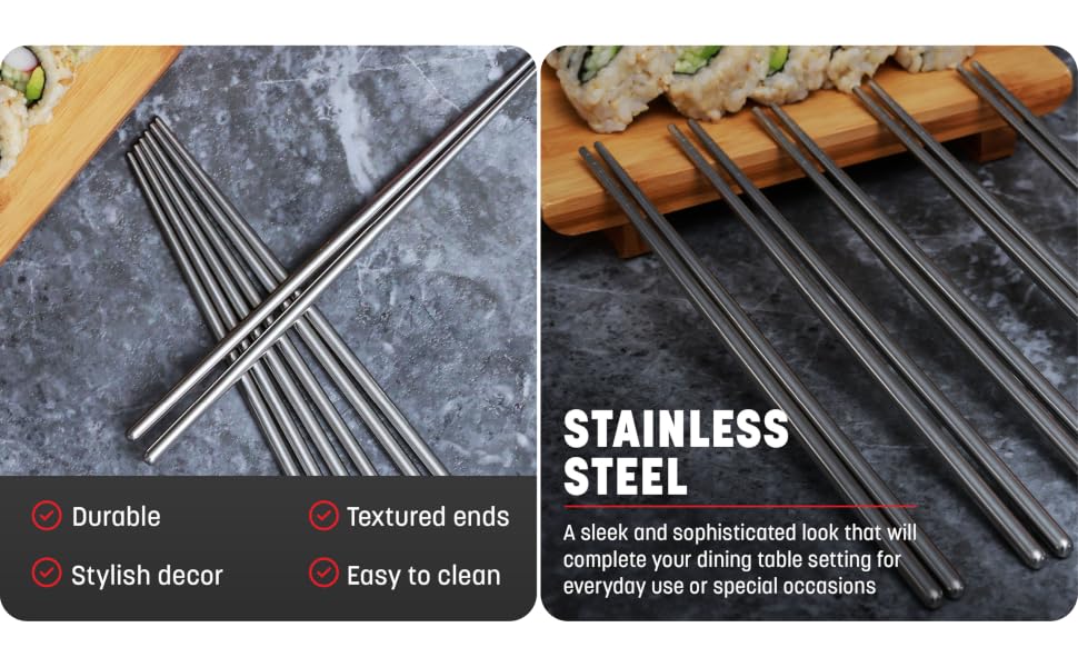 Durable, stylish, and easy to clean; with textured ends to grab slippery foods