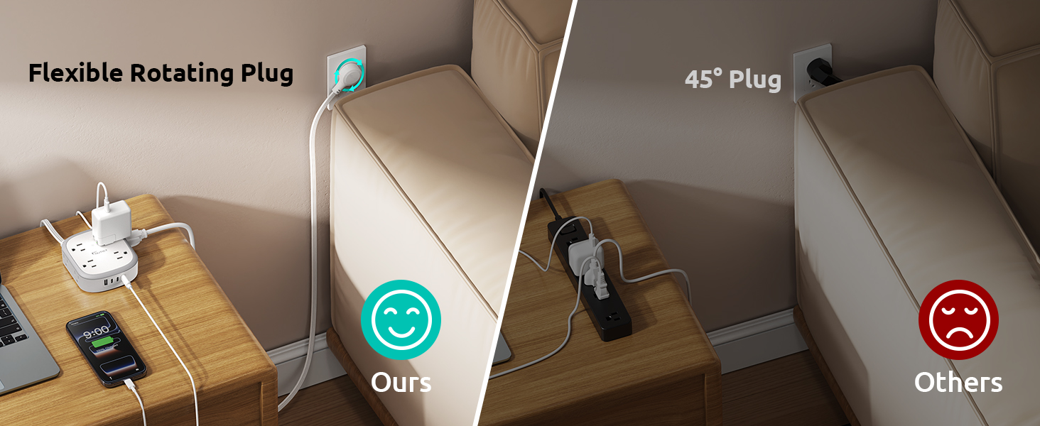 360° Rotating Flat Plug Power Strip