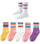 Marchare Girls Cotton Crew Socks Kids Casual Socks School Socks Rainbow Stripes 5 Pack